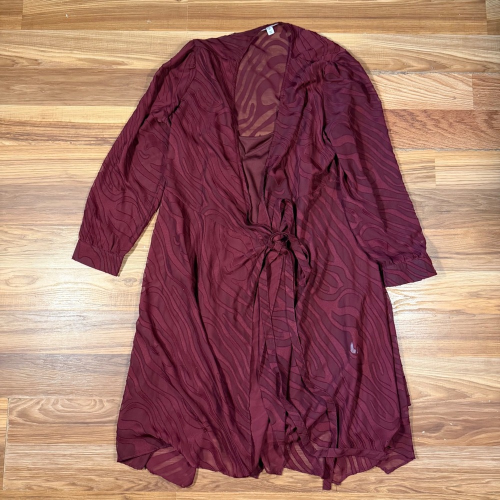 Bar III Burgundy Burnout Wrap Dress XXL Long Sleeve Sheer Zebra Swirl Maroon